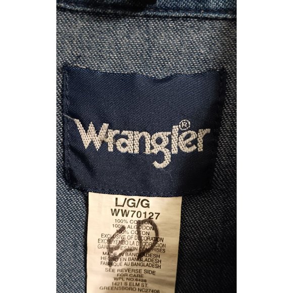 Wrangler Large Blue Denim Pearl Snap Western Outdoor Rodeo Farm Classic Shirt - Picture 5 of 6